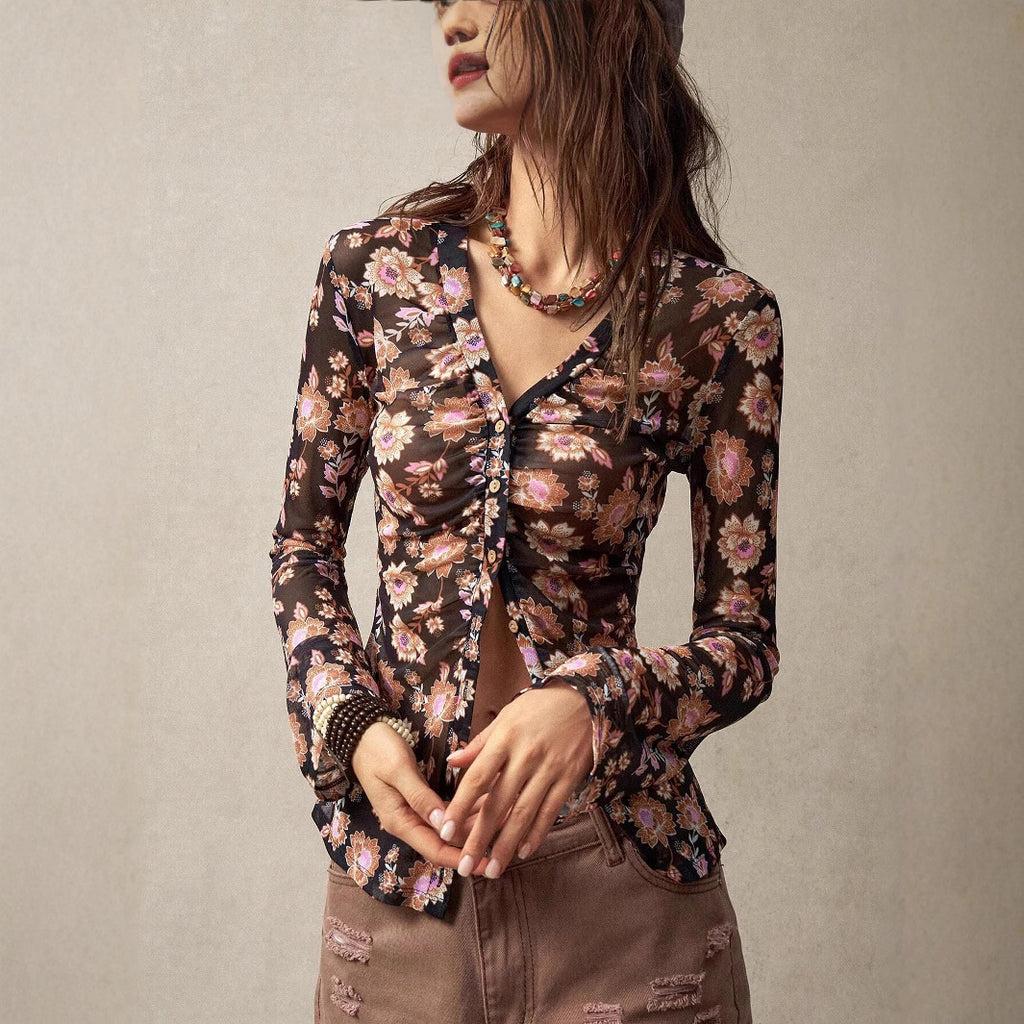 Women's Summer Printed Shirt Women Slim Fit Slimming Retro Office Vacation Top