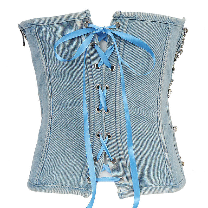 's Diamond Beaded Denim Tube Top Strapless Vest Lace Up Shaping