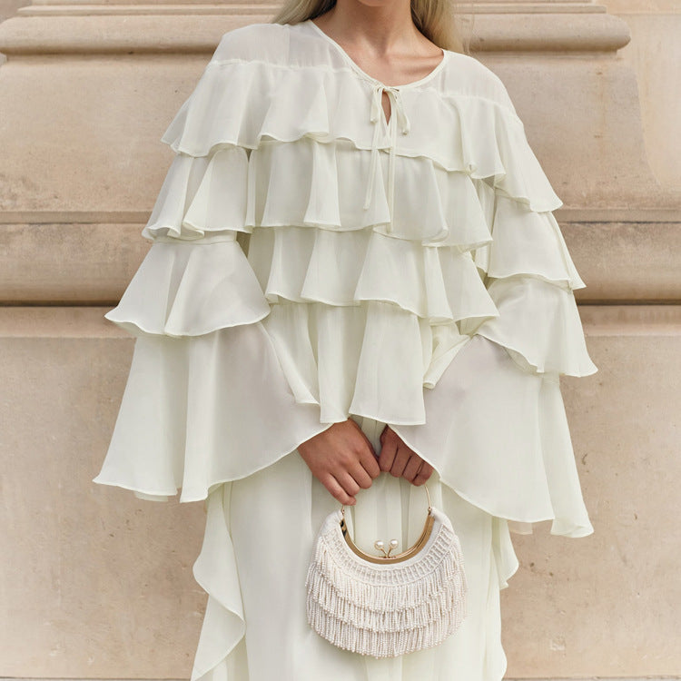Hierarchical Design Elegant Tiered Ruffle Maxi Dress Loose Lace Up