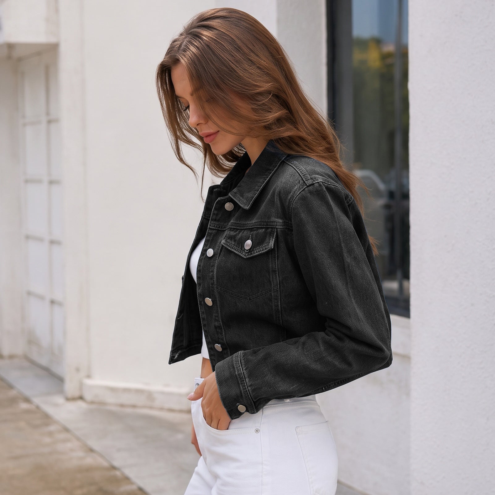 Collared Double Flap Chest Bag Metal Breasted Long Sleeve