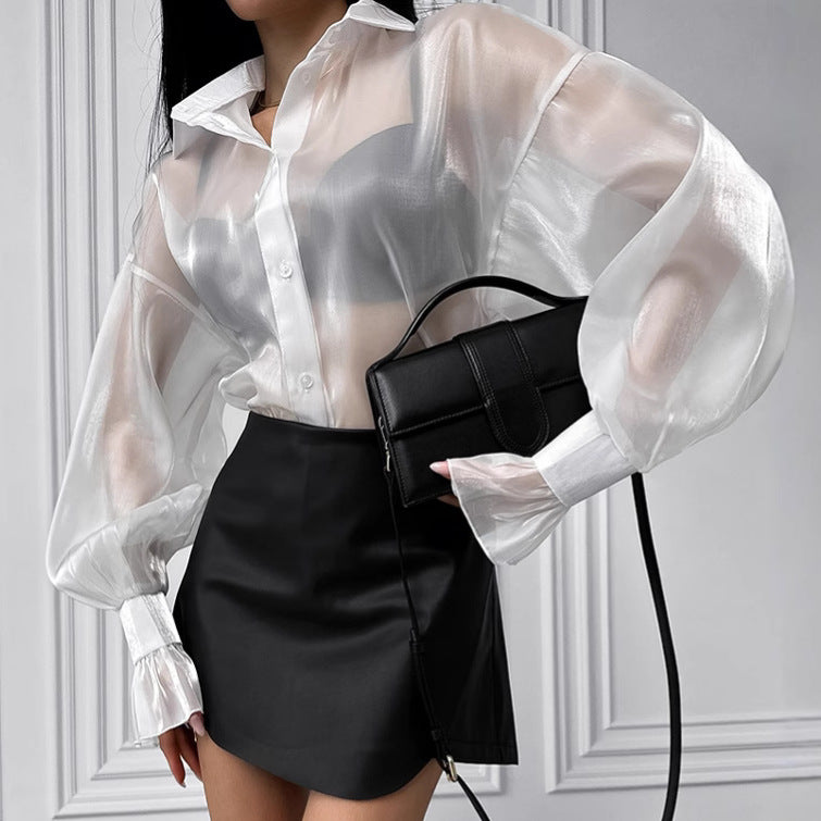 Women's White Sheer Ruffle Sleeve Shirt