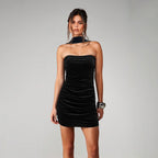 Women's French Minority Black Tube Top Dress Women Short Autumn Winter Velvet Texture Pleated Design Black Dress