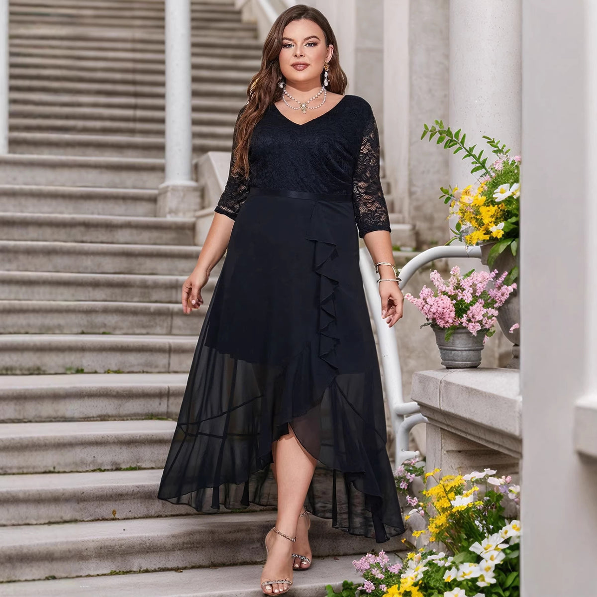 Women's Plus Size V neck Lace Sleeve Dress