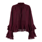 Women's Brown Chiffon Ruffle Bell Sleeve Blouse