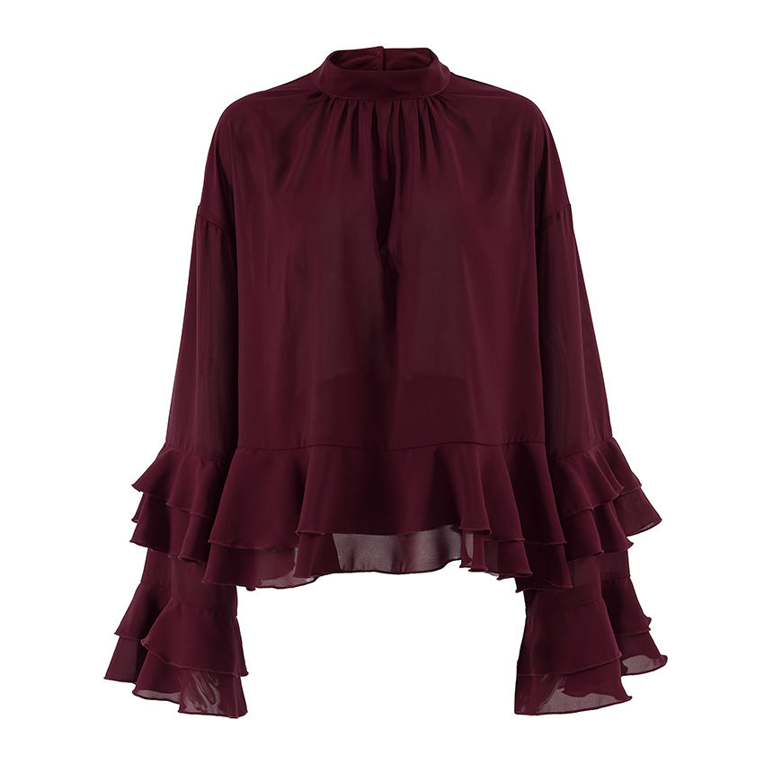 Women's Brown Chiffon Ruffle Bell Sleeve Blouse