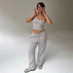 Casual Striped Spaghetti Straps Top Elastic Waistband Lace Up Trousers Home Pajamas