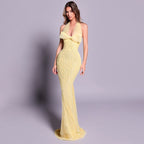 Yellow Embellished Tube Bead Bow Halter Formal Dress Vision Elegant