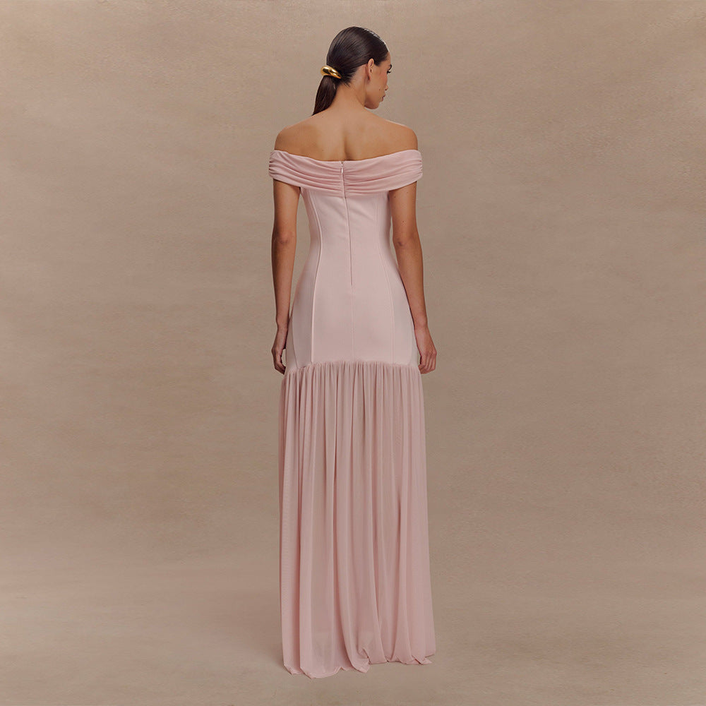 Mesh-Panel Off-Shoulder Ruched Bodycon Maxi Dress