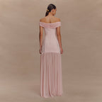 Mesh-Panel Off-Shoulder Ruched Bodycon Maxi Dress