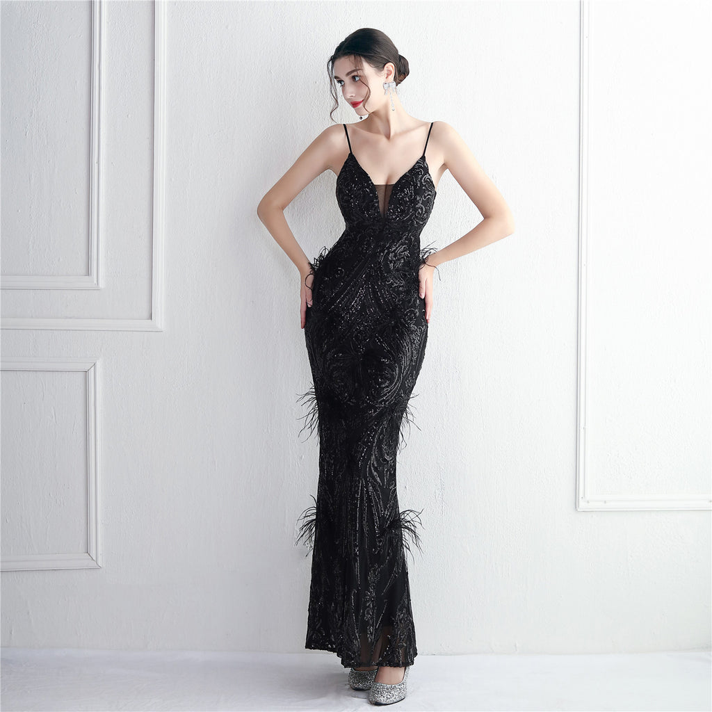 Women's Floral Beading Imported Wool Dress Long Banquet Slim Fit Evening