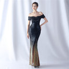 Women's Gradient Sequin Embellished Mix Match Beads Elegant Evening Dress