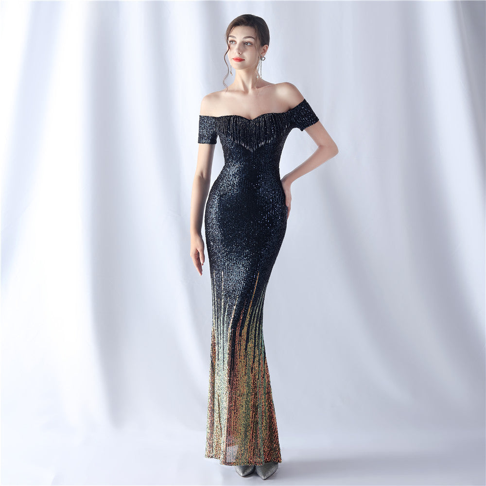 Women's Gradient Sequin Embellished Mix Match Beads Elegant Evening Dress