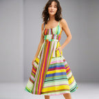 Women's Colorful Striped Sexy Sling Backless Dress Bohemian Vacation Lace Up Pocket Large Swing Dress