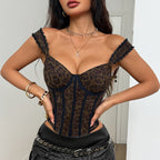 Women's Sexy Leopard Print Lace Up Deep V Plunge Design Women Sequined Slim Fit Boning Corset Chest Cotton Vest Top