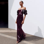 Women's Coffee Color Colorful Sequin Long Evening Dress Off-Shoulder Black Bow Cocktail