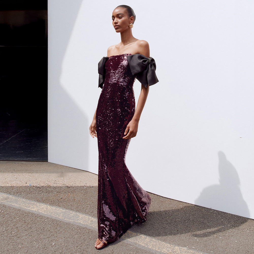 Women's Coffee Color Colorful Sequin Long Evening Dress Off-Shoulder Black Bow Cocktail