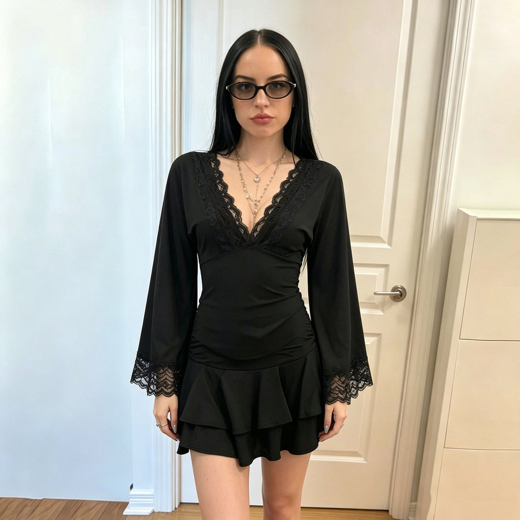 Women's Lace-Trim V-Neck Short Dress