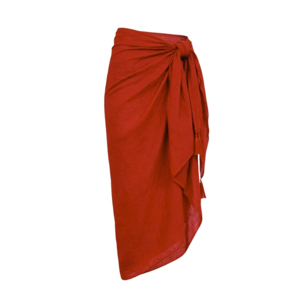 Red wrap skirt with knotted drape at the waist
