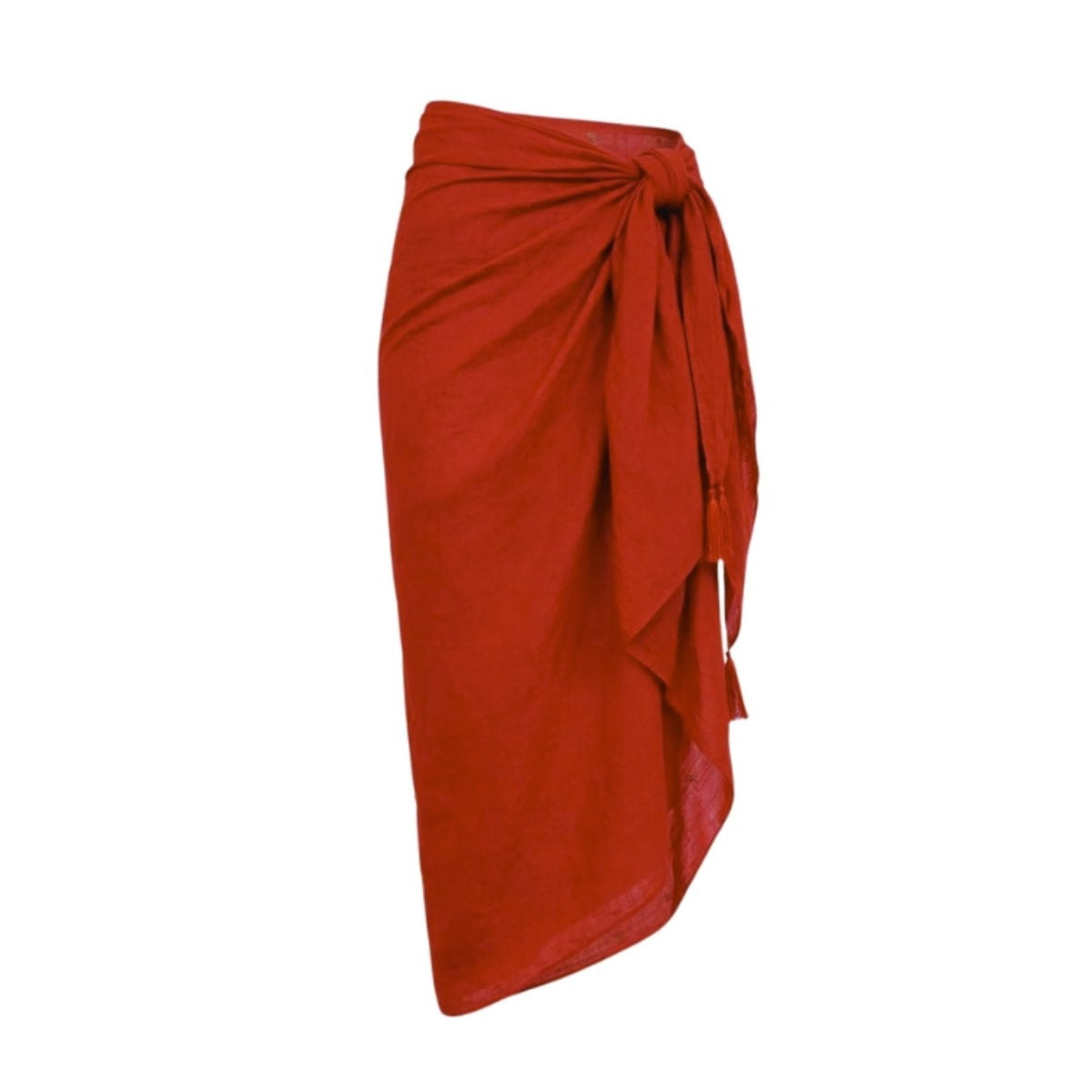 Red wrap skirt with knotted drape at the waist