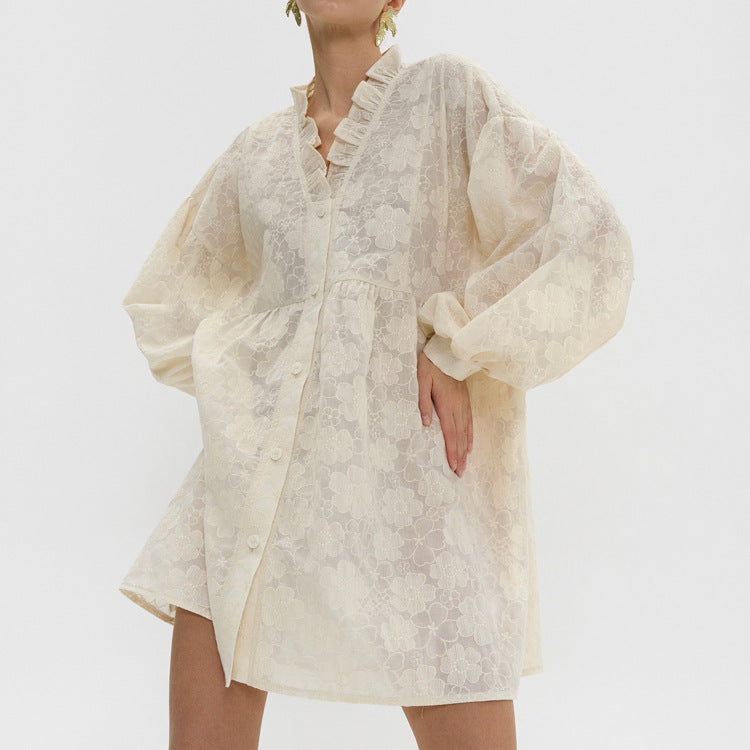 Women's Jacquard Puff-Sleeve Shirt Dress