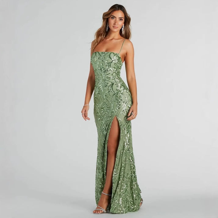 Women's Sequin Strap Backless High-Slit Dress