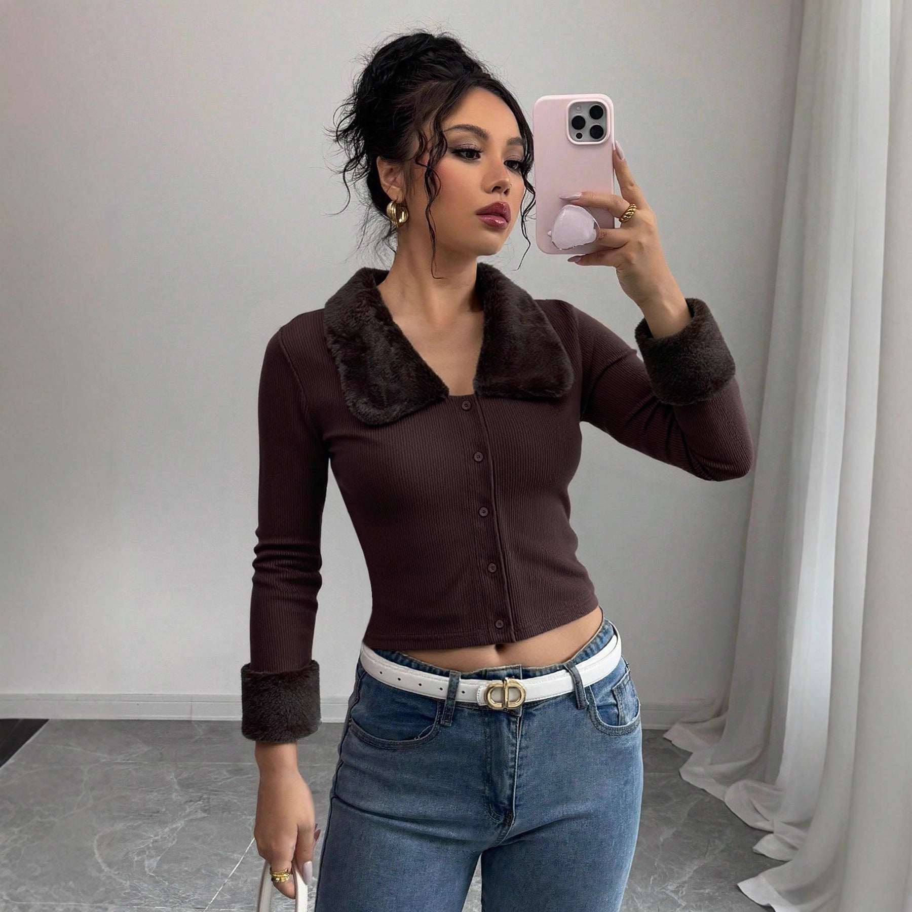 Women's Faux Fur Collar Button Front Top