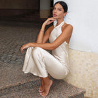 Summer Solid Color Sleeveless Halter Backless Satin Dress