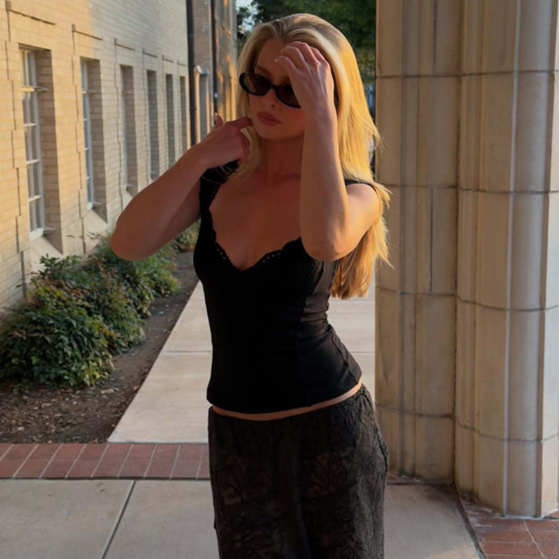 Solid Color Vest Summer Slim Fit Slimming V Neckline Sleeveless Lace Vest Top