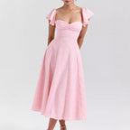 Pink Sweetheart Ruched Short-Sleeve A-Line Midi Dress