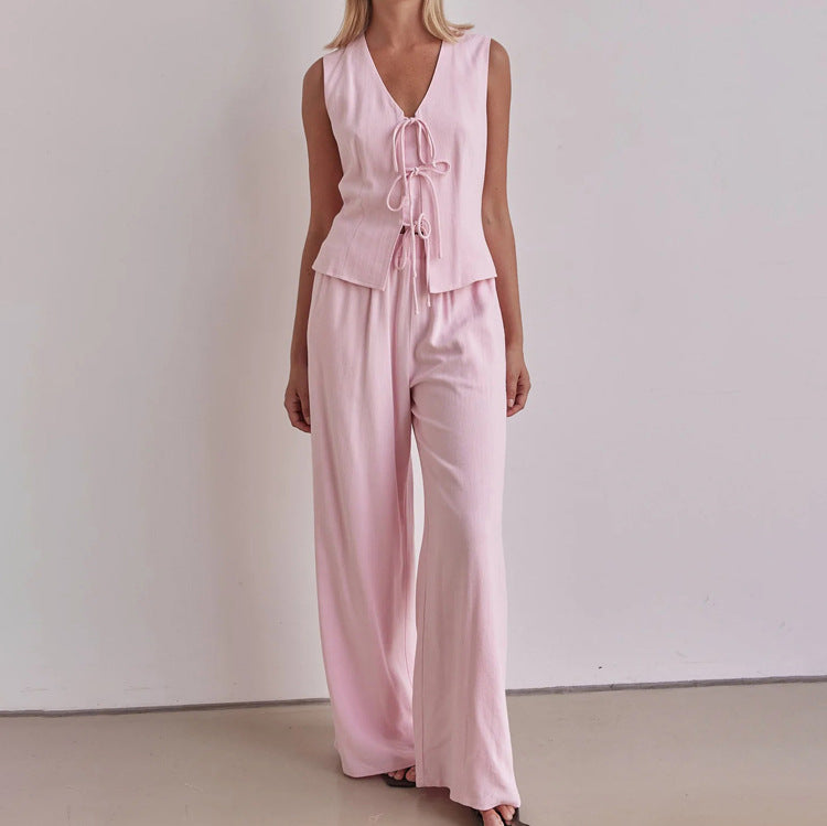 Sleeveless Vest Lace up Top Loose Trousers