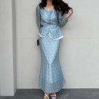 Office Printed Skirt Set Square Collar Long Sleeve Lace up