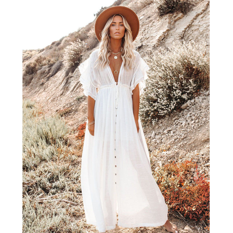 Women's Button Drawstring Beach Cover-Up Shirt