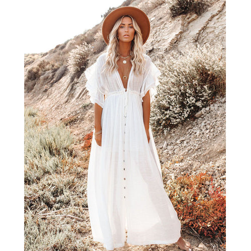 Women's Button Drawstring Beach Cover-Up Shirt