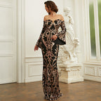 Long Sleeved Elegant Tight Long Sequin Slim Fit Off-Neck Annual Party Evening Dres