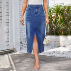 Split-Hem Denim Midi Skirt