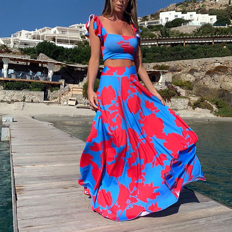 Women's Summer Bohemian Print Sleeveless Dress Two-Piece Set