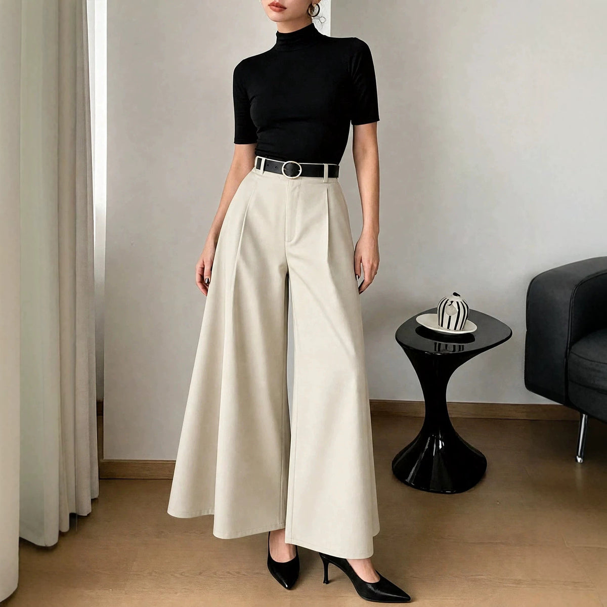 Minimalist Skinny A line High Waist Small Wide Leg Pants Large Swing Slimming Light Luxury Loose Casual Pants