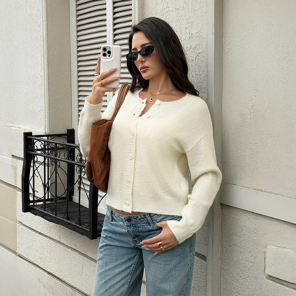 Women's Autumn Plush Crew-Neck Button Cardigan