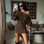 Shoulder Waist Controlled Long Sleeves Sheath Dress Retro All Matching Simple Short Dress For
