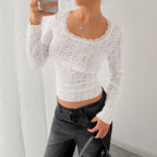 Lace U-Neck Long Sleeve Slim Fit Top