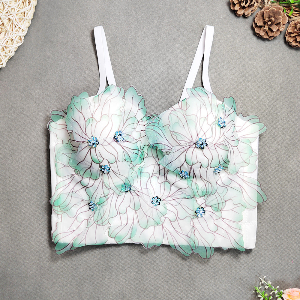 Women’s Floral Embroidered Sequin Sweetheart Crop Top