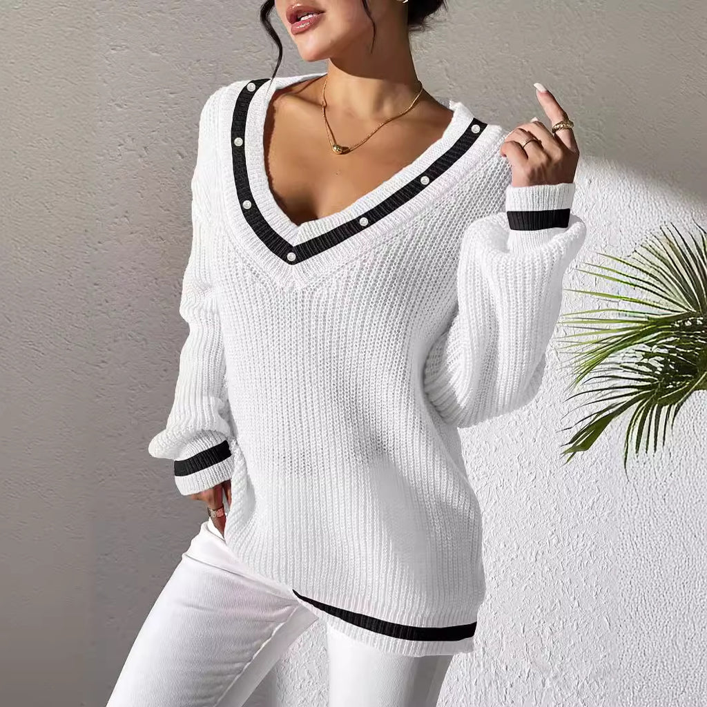 Women Clothing Preppy Women's Top Color Contrast Patchwork V neck Long Sleeve Sweater Beaded Casual Bottoming Shirt