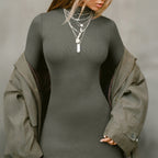 Women's Dark Grey Mock Neck Long Sleeve Split Dress