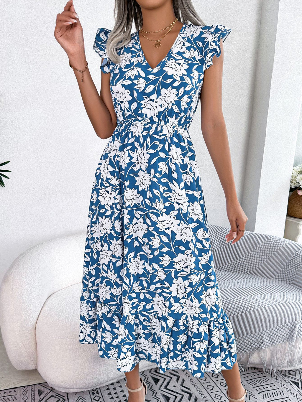 Women's Spring Summer Casual Wooden Ear Floral Waist Slimming Maxi Dress Holiday Dress Women Clothing