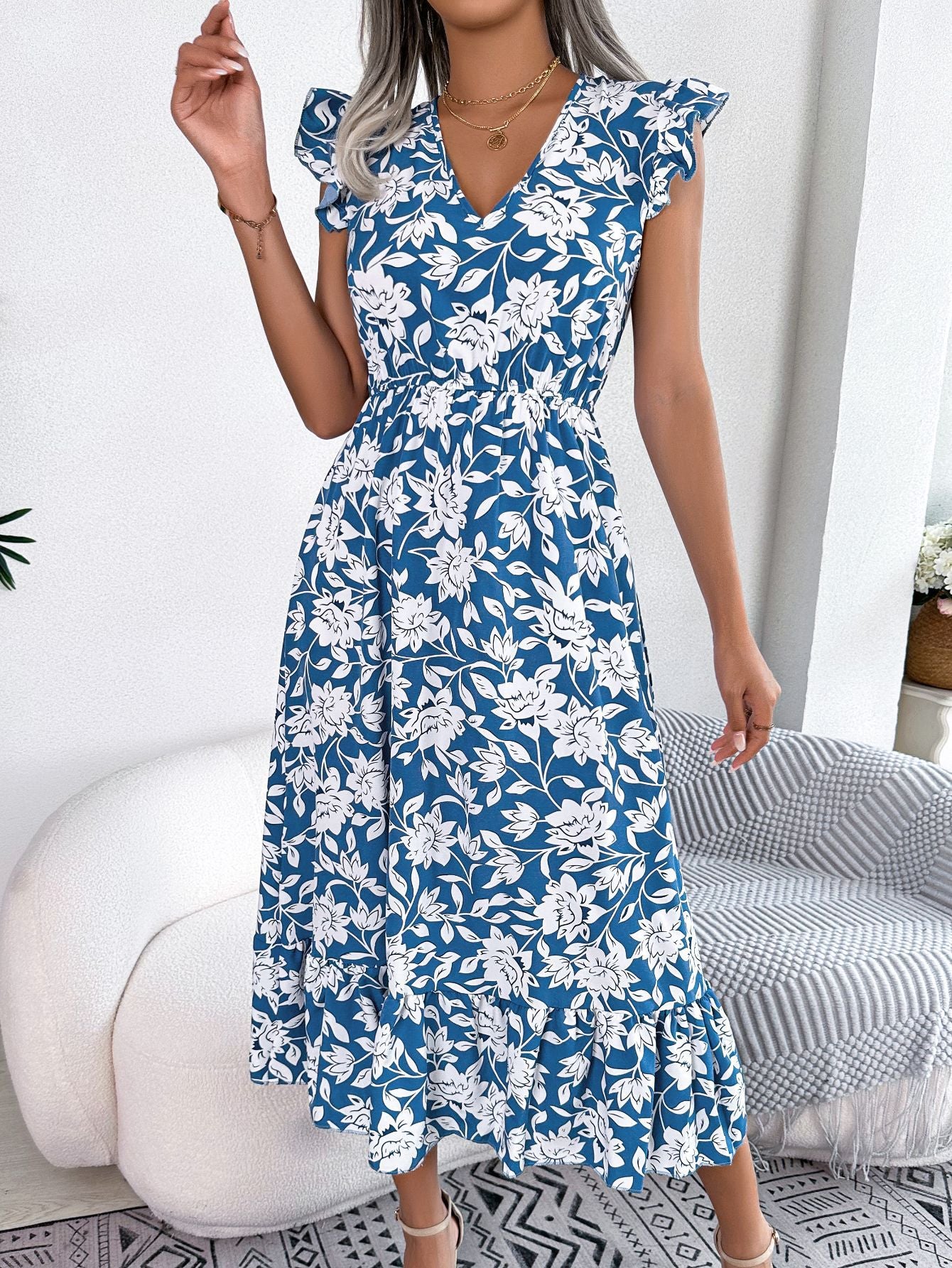 Women's Spring Summer Casual Wooden Ear Floral Waist Slimming Maxi Dress Holiday Dress Women Clothing