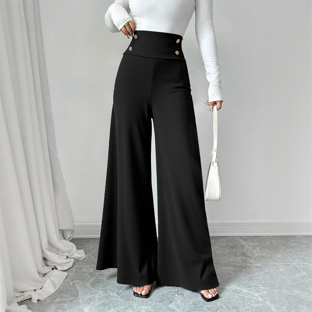 Women's Black High Waist Wide Leg Pants Women Draping Draggle Tail Straight Trousers Metal Fastener Decoration Office Pr