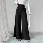 Women's Black High Waist Wide Leg Pants Women Draping Draggle Tail Straight Trousers Metal Fastener Decoration Office Pr