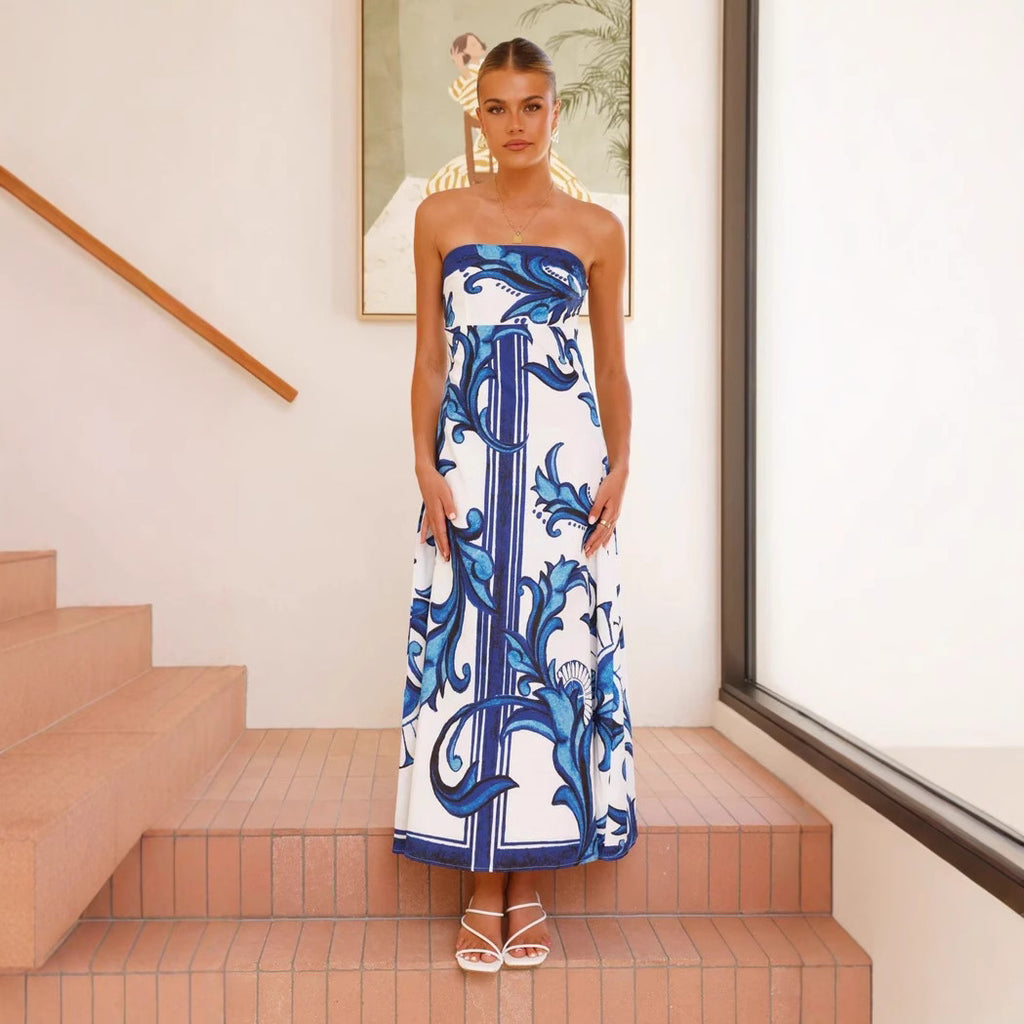 Printing Hem Strap Strapless Dress