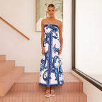 Printing Hem Strap Strapless Dress