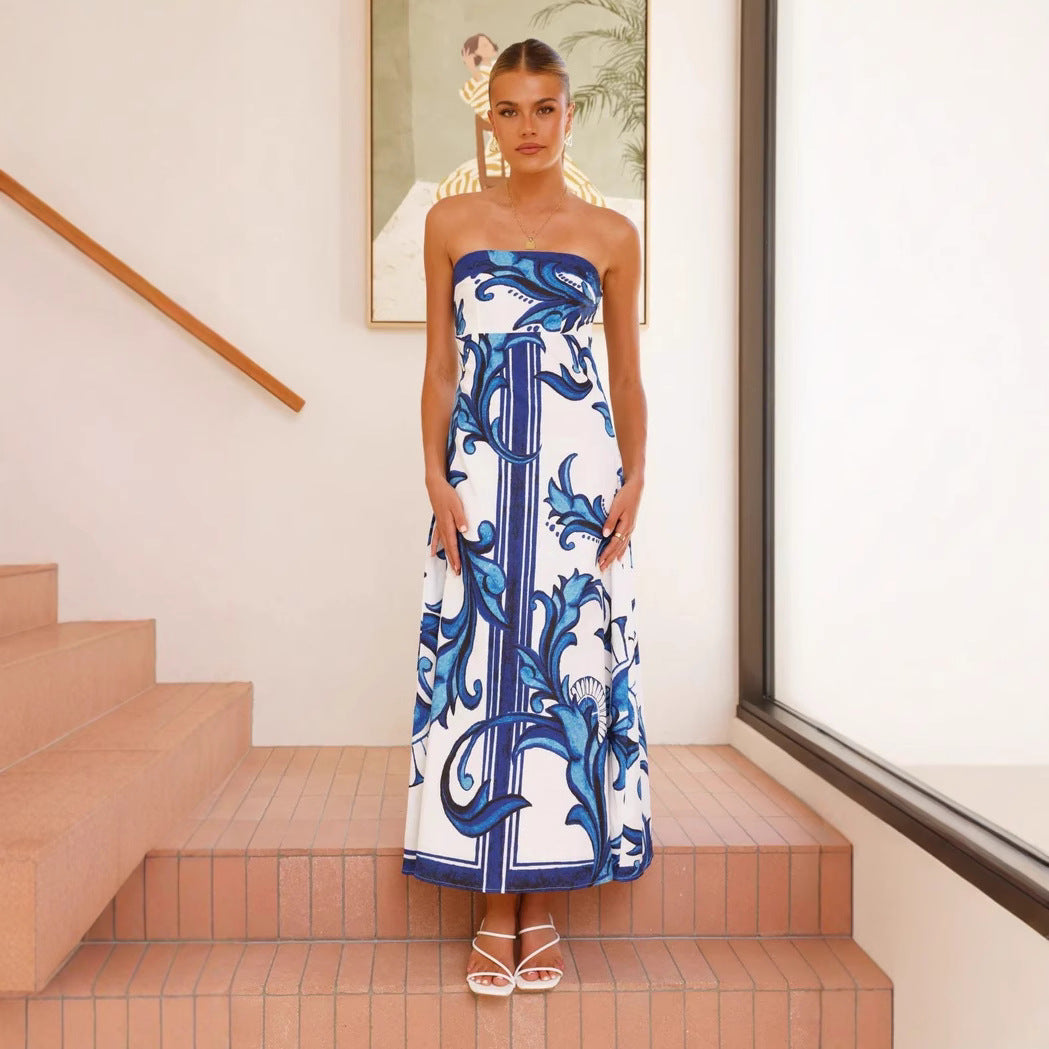 Printing Hem Strap Strapless Dress